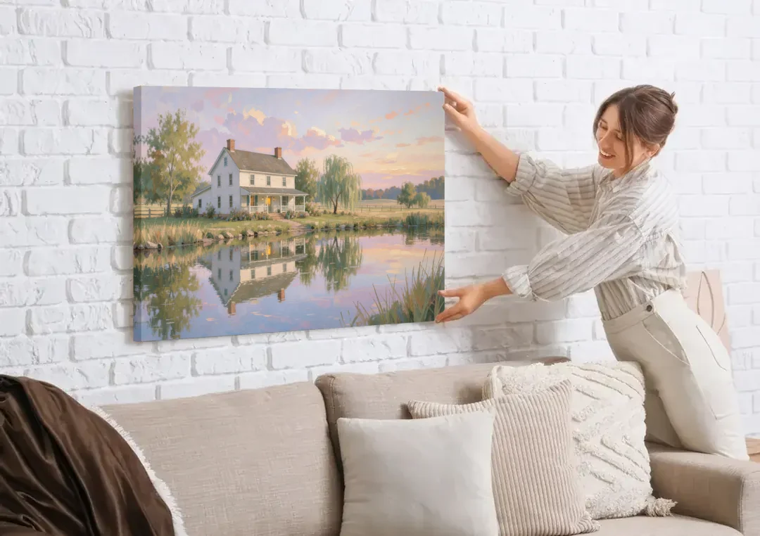 Farmhouse Landscape Painting by the Evening Pond canvas wall art being hung on a white brick wall above a sofa