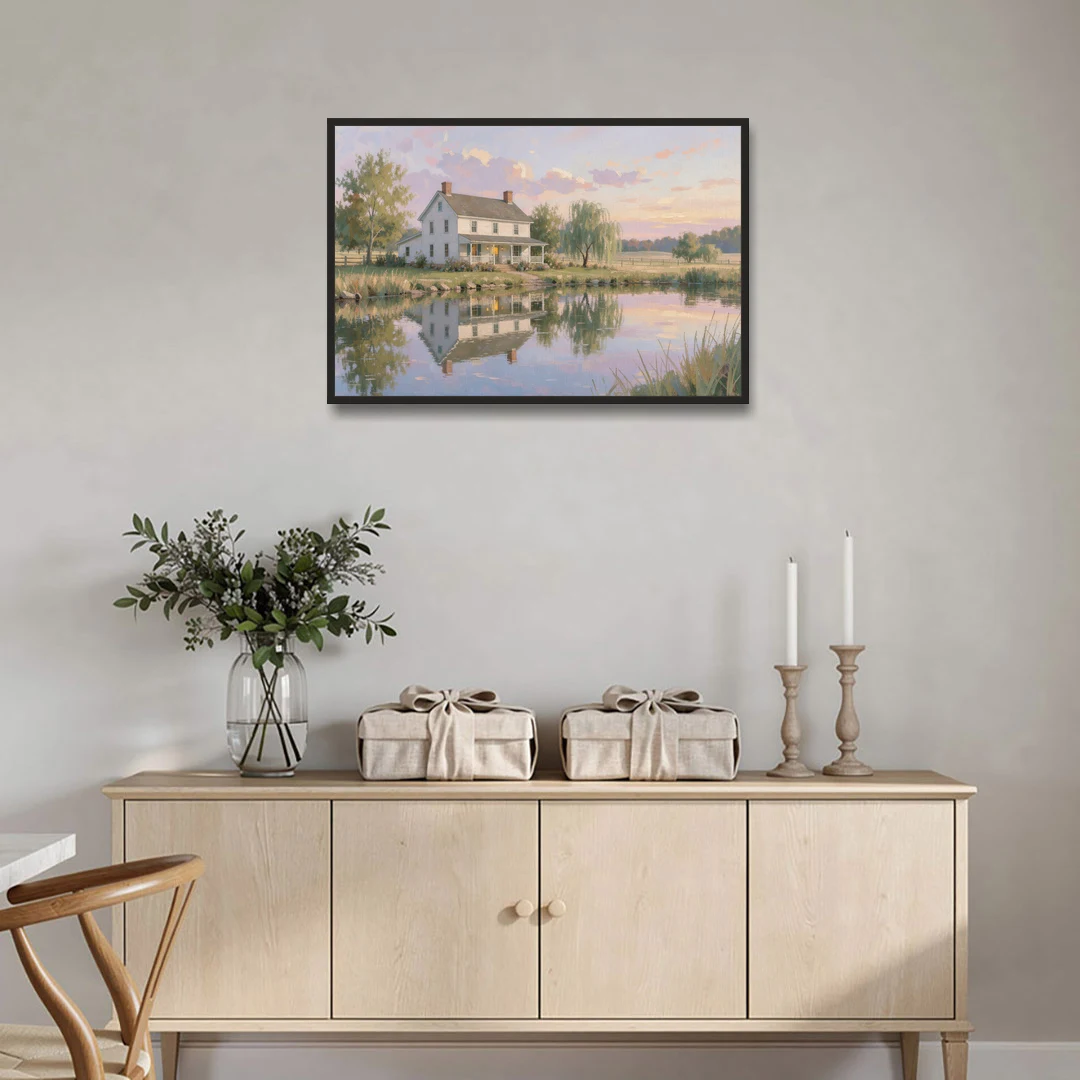 Farmhouse Landscape Painting by the Evening Pond - Black Framed Canvas Wall Art - Coffee Table - 36x24