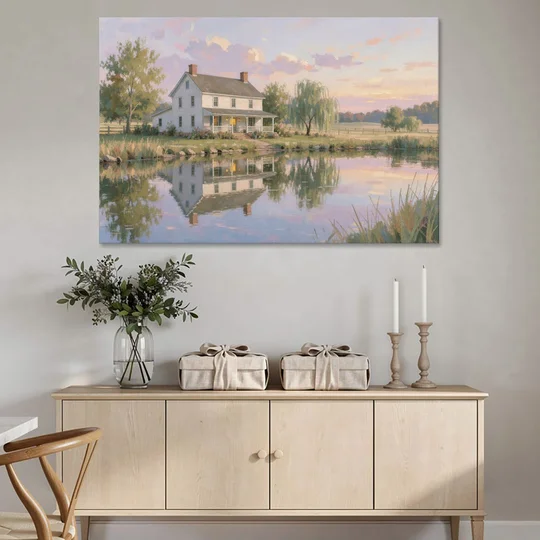 Farmhouse Landscape Painting by the Evening Pond - Canvas Wall Art - Coffee Table - 60x40