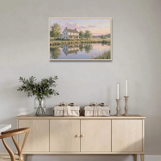 Farmhouse Landscape Painting by the Evening Pond - Oak Framed Canvas Wall Art - Coffee Table - 36x24
