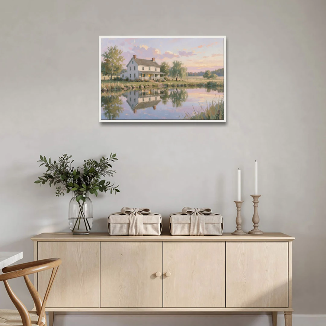 Farmhouse Landscape Painting by the Evening Pond - White Framed Canvas Wall Art - Coffee Table - 36x24