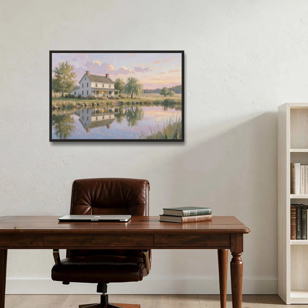 Farmhouse Landscape Painting by the Evening Pond - Black Framed Canvas Wall Art - Office - 36x24