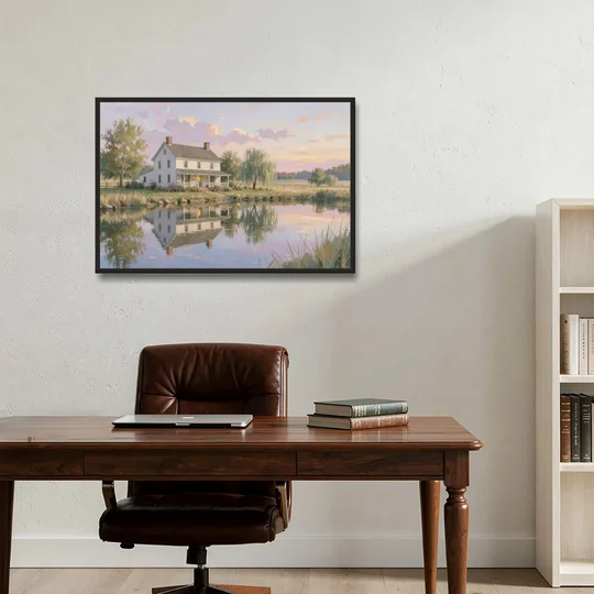 Farmhouse Landscape Painting by the Evening Pond - Black Framed Canvas Wall Art - Office - 36x24