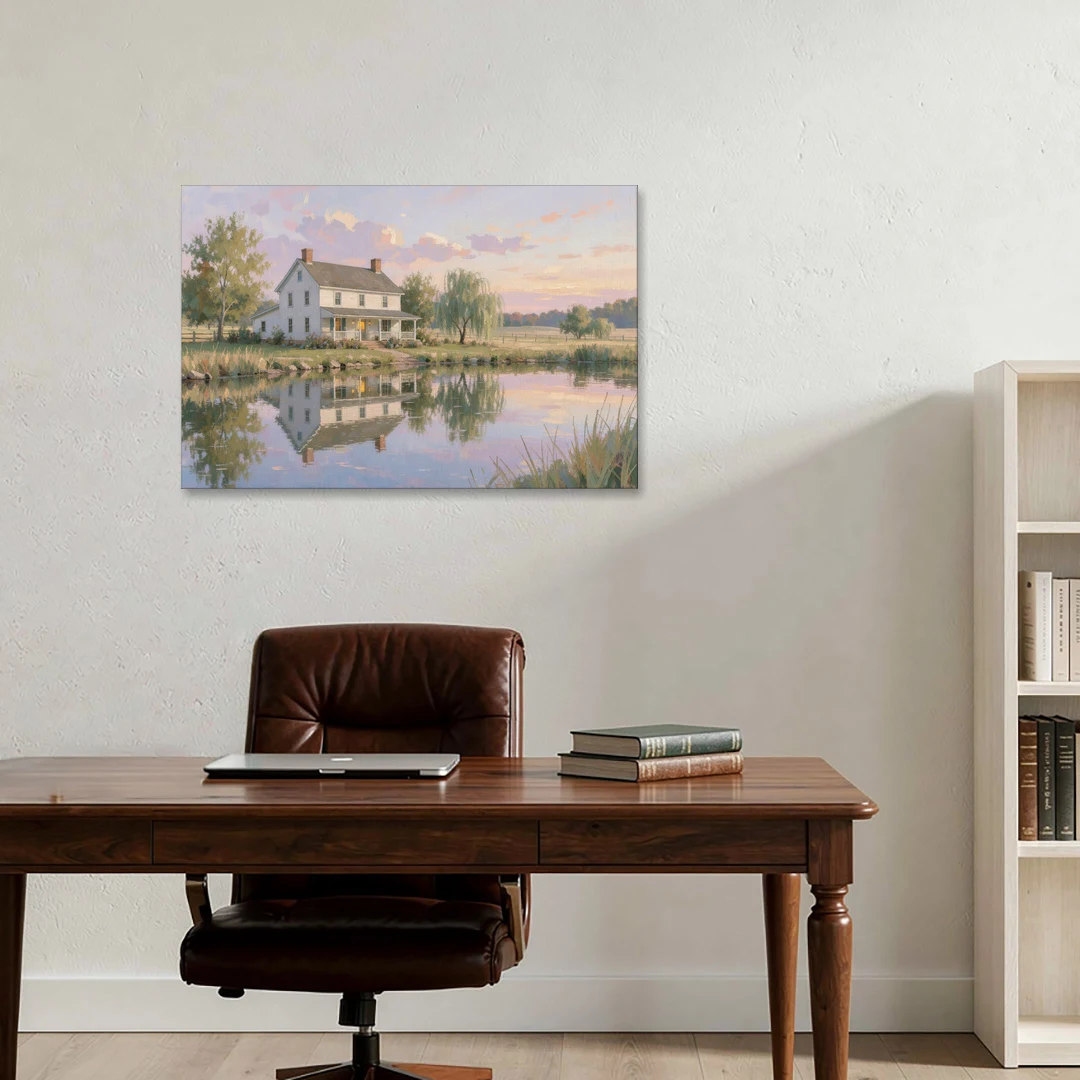 Farmhouse Landscape Painting by the Evening Pond - Canvas Wall Art - Office - 36x24