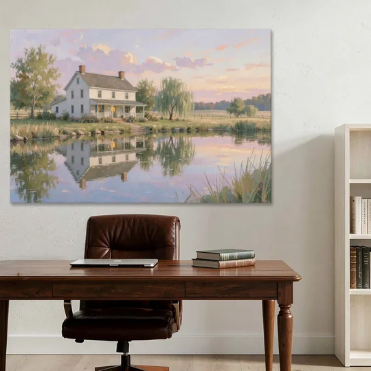 Farmhouse Landscape Painting by the Evening Pond - Canvas Wall Art - Office - 60x40
