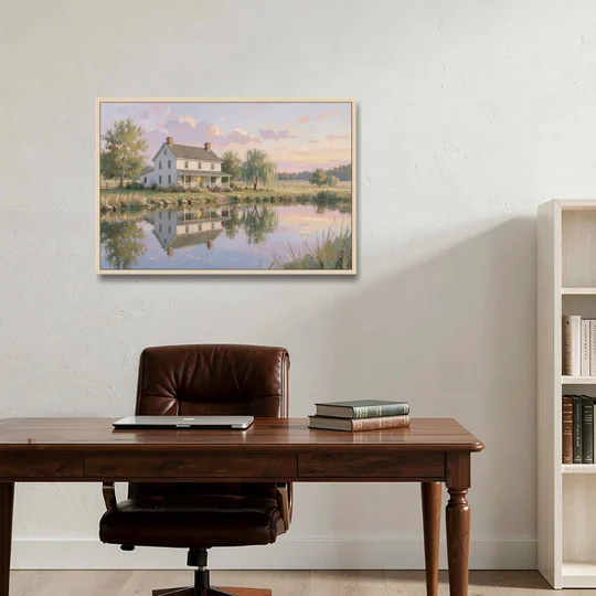 Farmhouse Landscape Painting by the Evening Pond - Oak Framed Canvas Wall Art - Office - 36x24