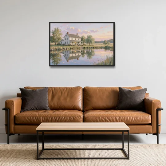 Farmhouse Landscape Painting by the Evening Pond - Black Framed Canvas Wall Art - Sofa - 36x24