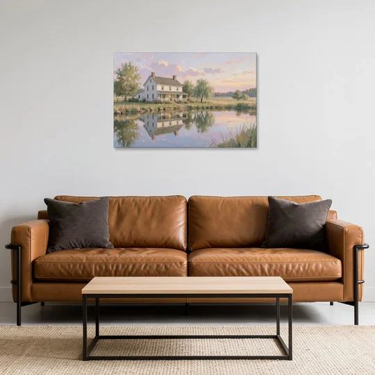 Farmhouse Landscape Painting by the Evening Pond - Canvas Wall Art - Sofa - 36x24