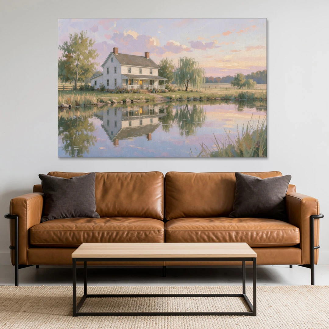 Farmhouse Landscape Painting by the Evening Pond - Canvas Wall Art - Sofa - 60x40