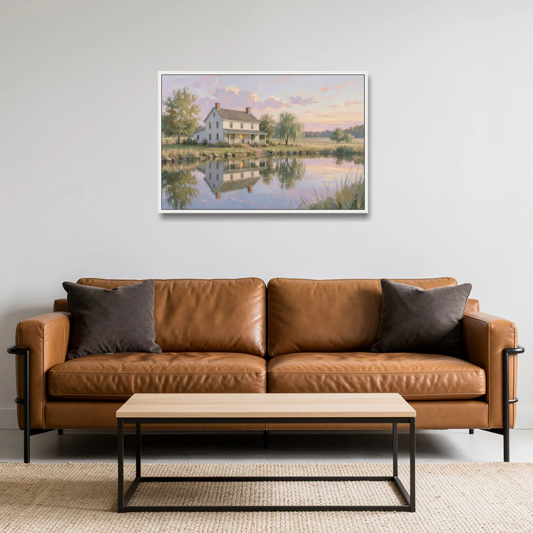 Farmhouse Landscape Painting by the Evening Pond - White Framed Canvas Wall Art - Sofa - 36x24