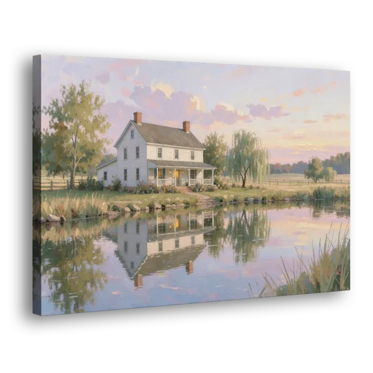 Farmhouse Landscape Painting by the Evening Pond - Canvas Wall Art - Side