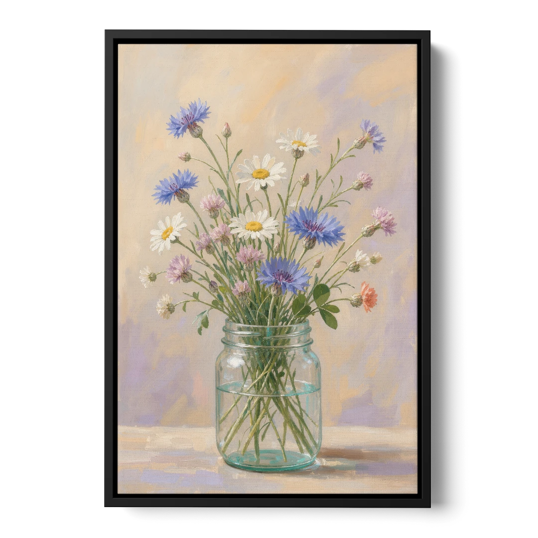 Farmhouse Meadow Wildflowers in a Mason Jar for the Bedroom - Black Framed Canvas Wall Art - Front