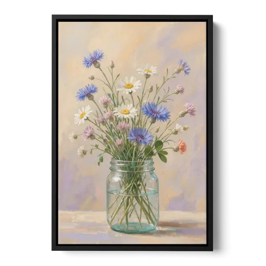 Farmhouse Meadow Wildflowers in a Mason Jar for the Bedroom - Black Framed Canvas Wall Art - Front