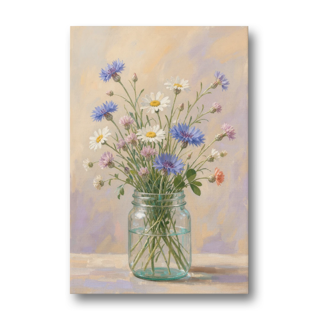Farmhouse Meadow Wildflowers in a Mason Jar for the Bedroom - Canvas Wall Art - Front