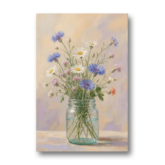 Farmhouse Meadow Wildflowers in a Mason Jar for the Bedroom - Canvas Wall Art - Front