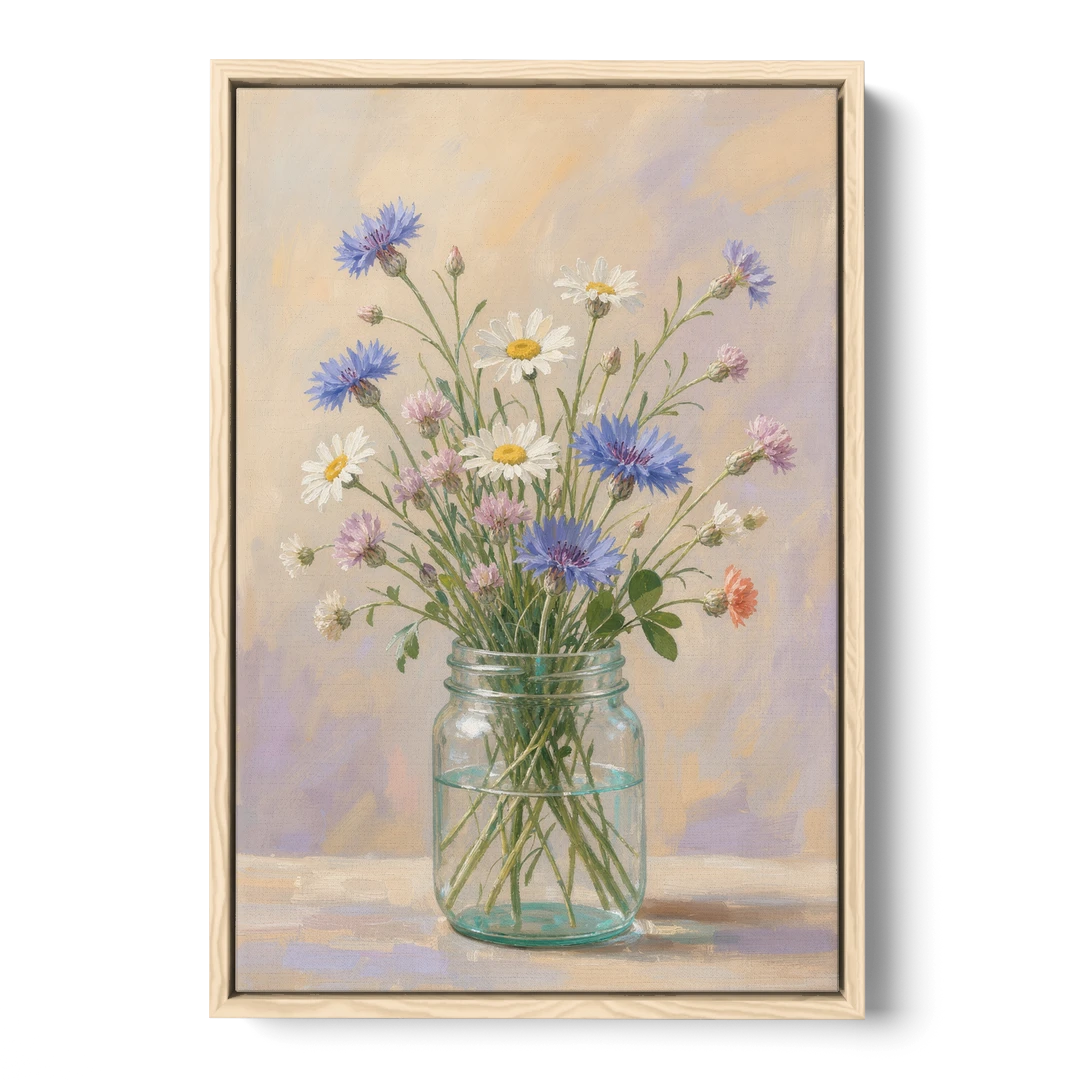 Farmhouse Meadow Wildflowers in a Mason Jar for the Bedroom - Oak Framed Canvas Wall Art - Front