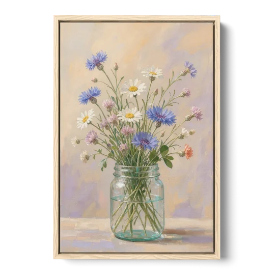 Farmhouse Meadow Wildflowers in a Mason Jar for the Bedroom - Oak Framed Canvas Wall Art - Front