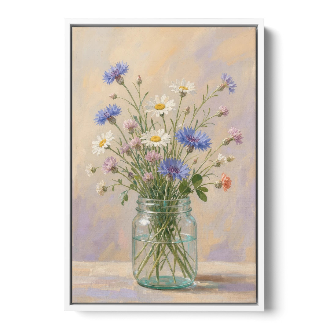 Farmhouse Meadow Wildflowers in a Mason Jar for the Bedroom - White Framed Canvas Wall Art - Front