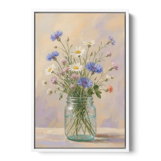 Farmhouse Meadow Wildflowers in a Mason Jar for the Bedroom - White Framed Canvas Wall Art - Front