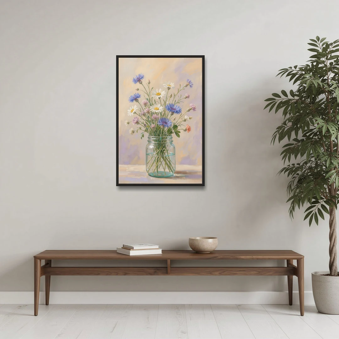 Farmhouse Meadow Wildflowers in a Mason Jar for the Bedroom - Black Framed Canvas Wall Art - Coffee Table - 24x36