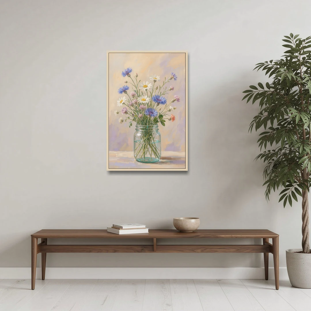 Farmhouse Meadow Wildflowers in a Mason Jar for the Bedroom - Oak Framed Canvas Wall Art - Coffee Table - 24x36