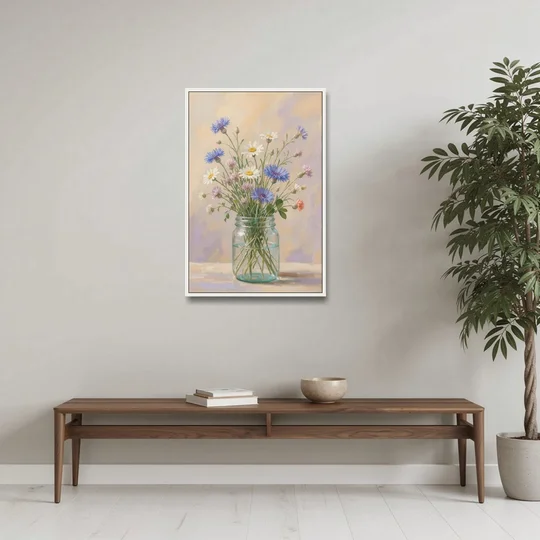 Farmhouse Meadow Wildflowers in a Mason Jar for the Bedroom - White Framed Canvas Wall Art - Coffee Table - 24x36