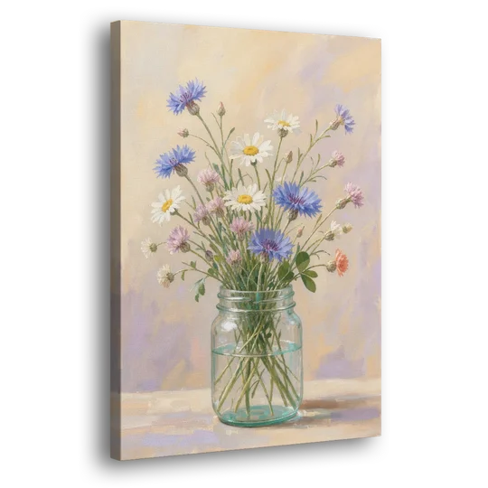 Farmhouse Meadow Wildflowers in a Mason Jar for the Bedroom - Canvas Wall Art - Side