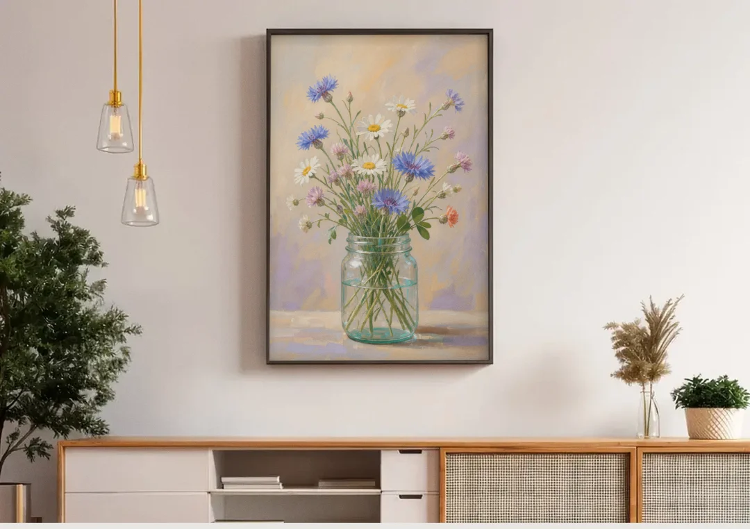 Farmhouse Meadow Wildflowers in a Mason Jar for the Bedroom canvas wall art above a wooden sideboard under pendant lights