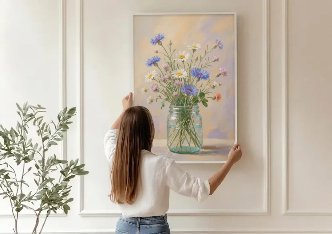 Farmhouse Meadow Wildflowers in a Mason Jar for the Bedroom canvas wall art being hung on a paneled wall