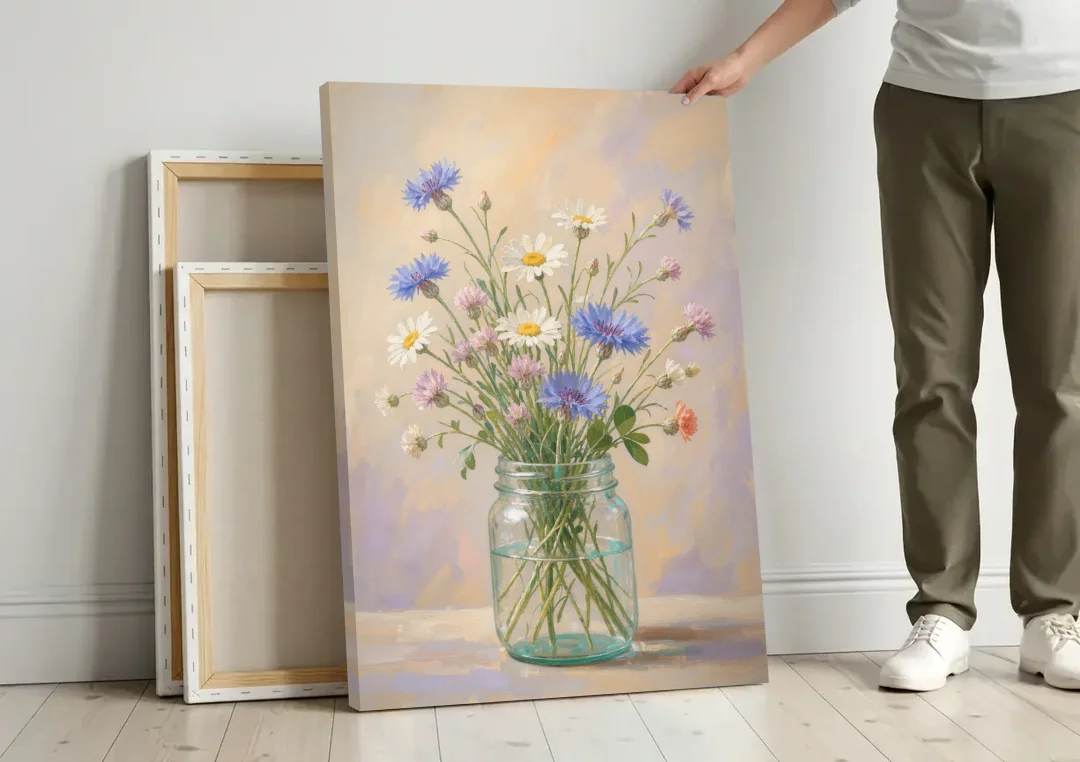 Farmhouse Meadow Wildflowers in a Mason Jar for the Bedroom canvas wall art leaning against a wall next to blank canvases
