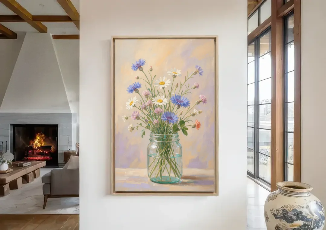 Farmhouse Meadow Wildflowers in a Mason Jar for the Bedroom canvas wall art in a living room with a fireplace