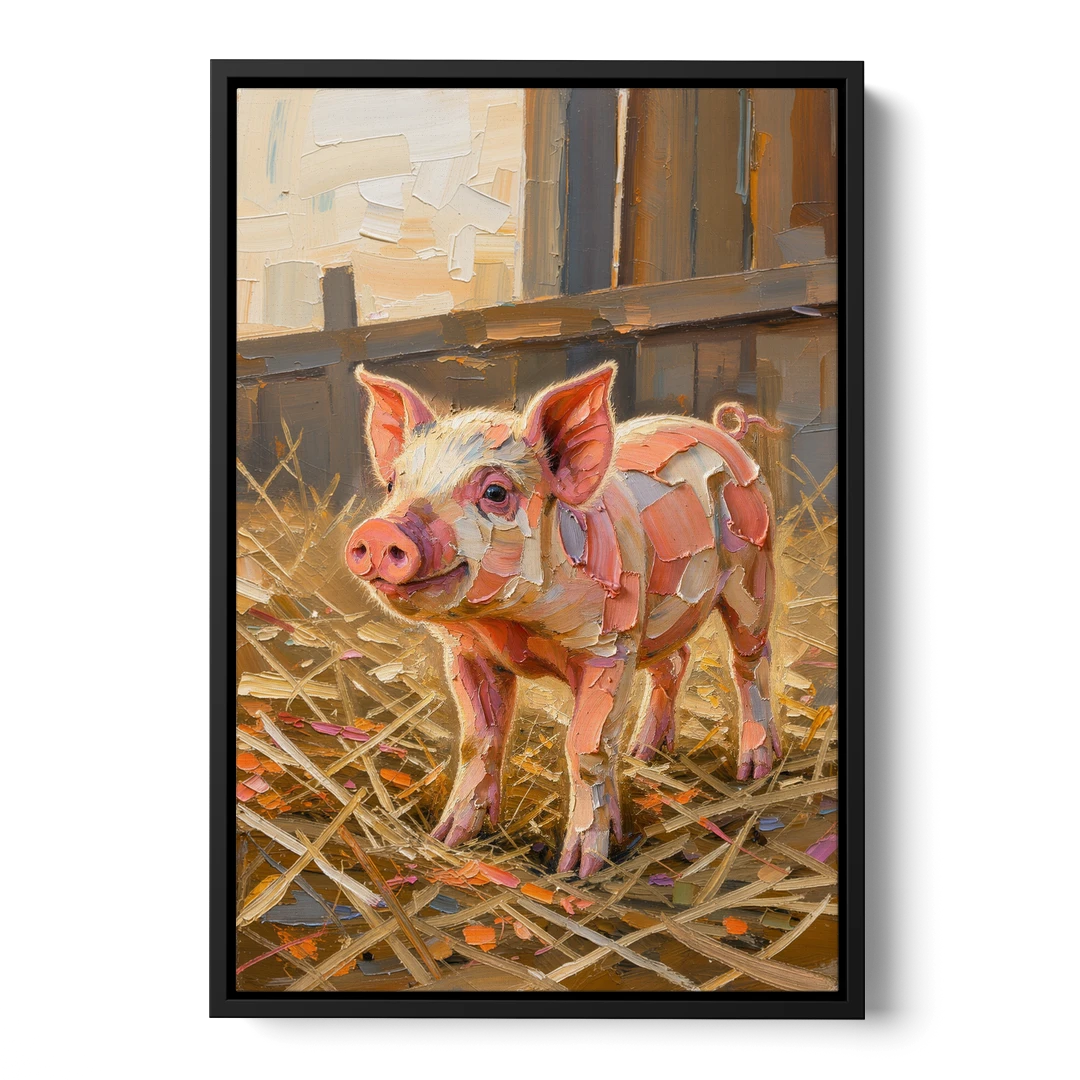 Farmhouse Paintings Piglet in Golden Straw - Black Framed Canvas Wall Art - Front