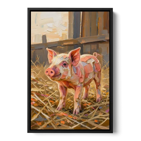 Farmhouse Paintings Piglet in Golden Straw - Black Framed Canvas Wall Art - Front