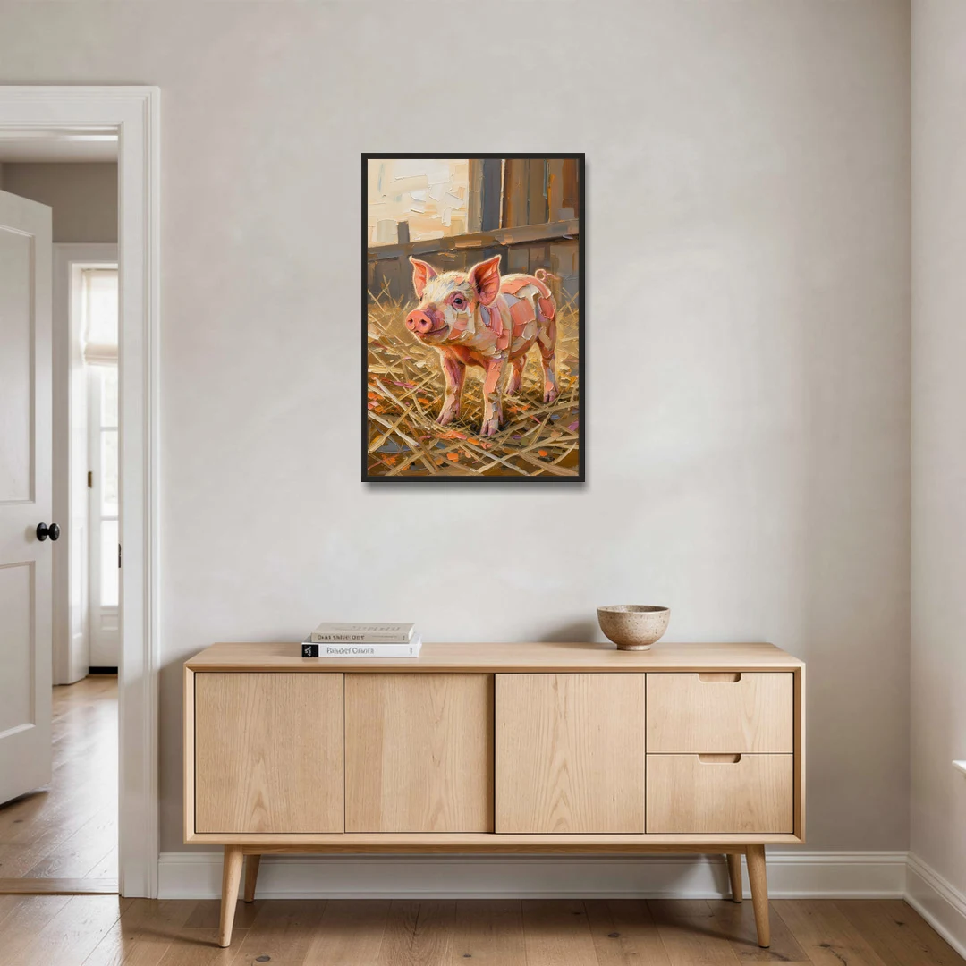 Farmhouse Paintings Piglet in Golden Straw - Black Framed Canvas Wall Art - Coffee Table - 24x36