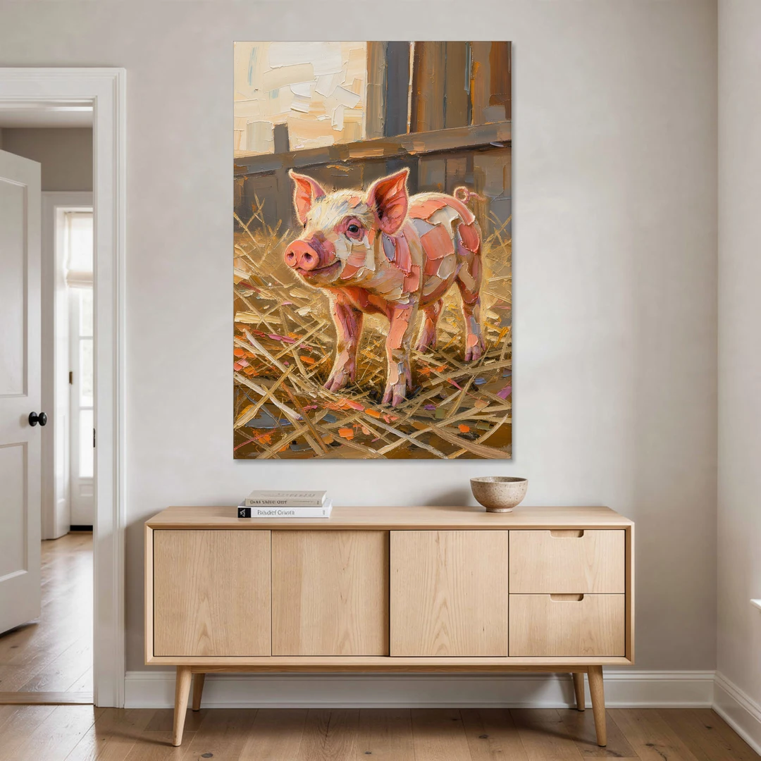 Farmhouse Paintings Piglet in Golden Straw - Canvas Wall Art - Coffee Table - 40x60