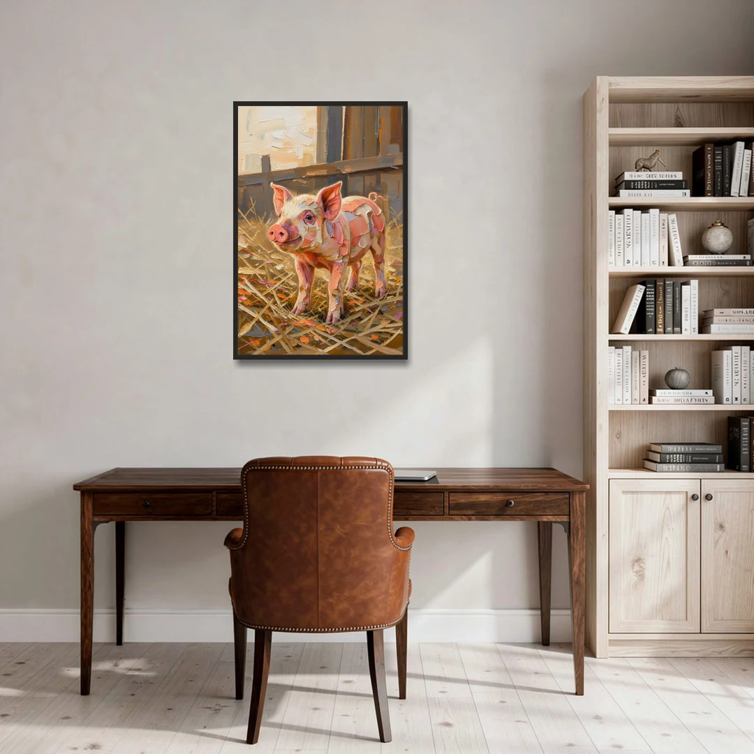 Farmhouse Paintings Piglet in Golden Straw - Black Framed Canvas Wall Art - Office - 24x36
