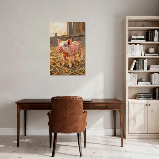 Farmhouse Paintings Piglet in Golden Straw - Canvas Wall Art - Office - 24x36