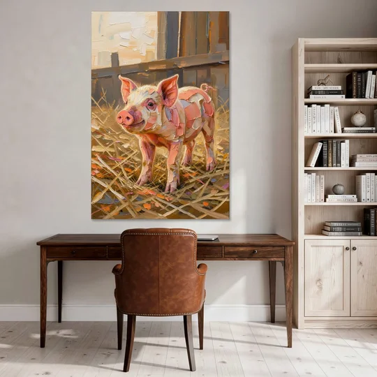 Farmhouse Paintings Piglet in Golden Straw - Canvas Wall Art - Office - 40x60