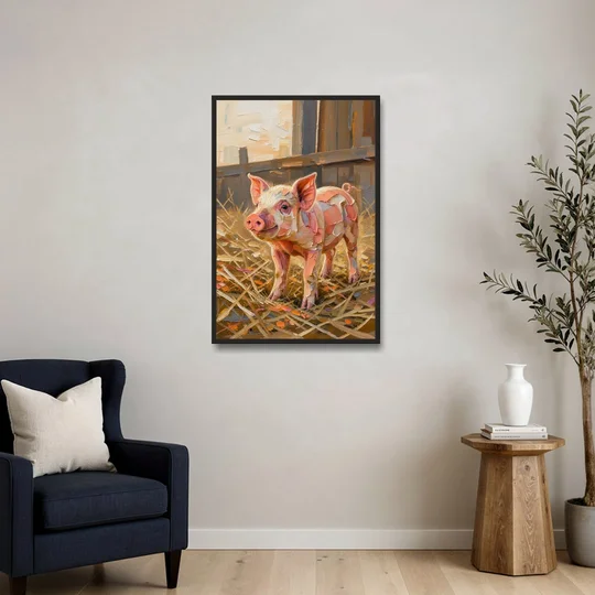 Farmhouse Paintings Piglet in Golden Straw - Black Framed Canvas Wall Art - Sofa - 24x36
