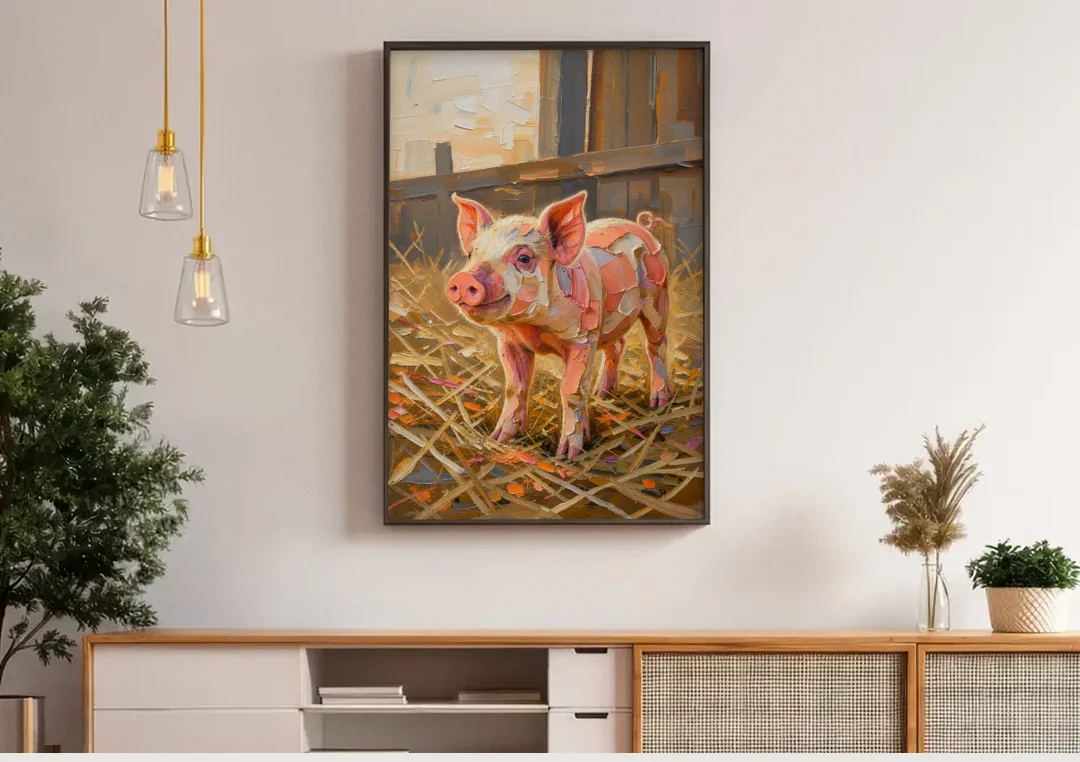 Farmhouse Paintings Piglet in Golden Straw canvas wall art above a wooden sideboard under pendant lights