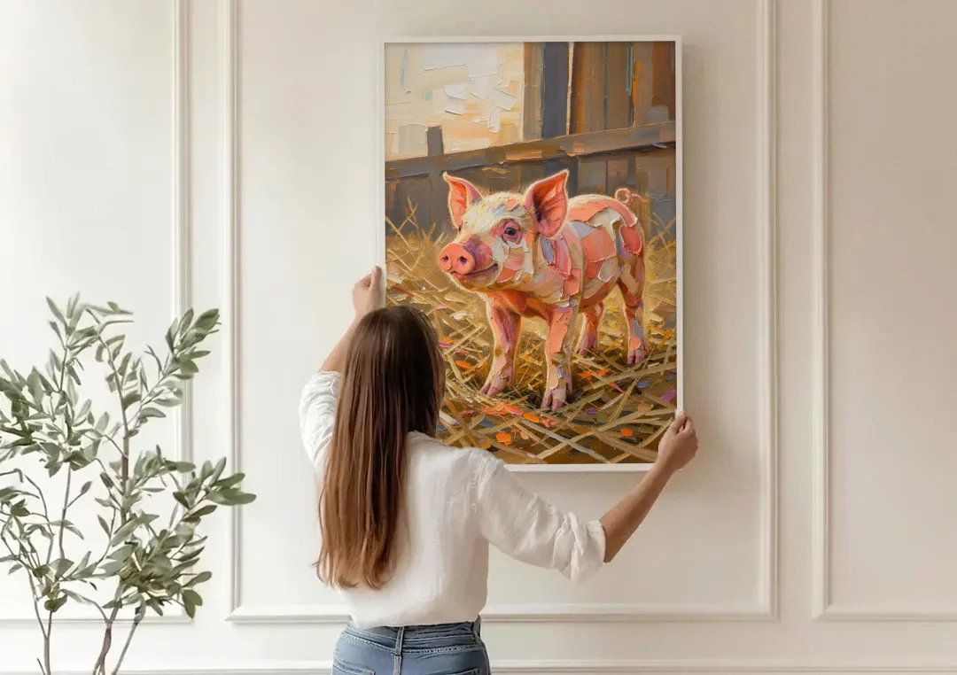 Farmhouse Paintings Piglet in Golden Straw canvas wall art being hung on a paneled wall