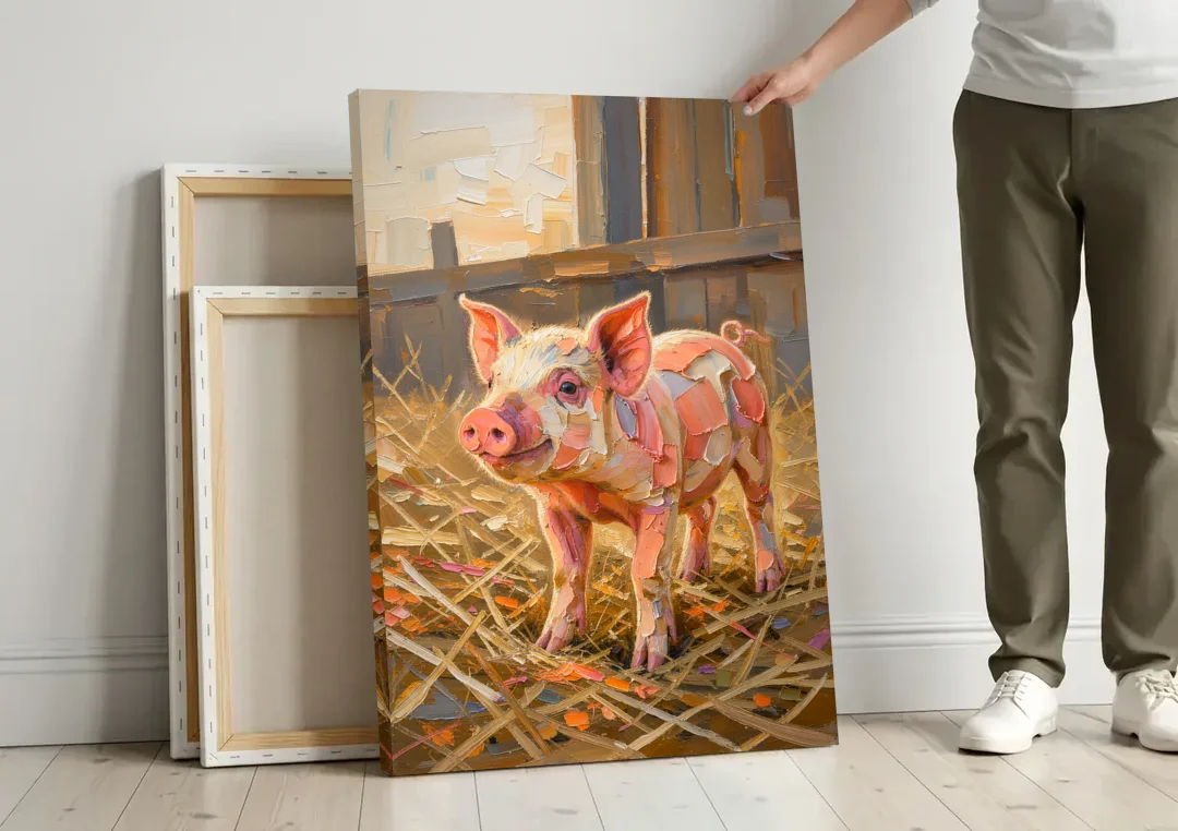 Farmhouse Paintings Piglet in Golden Straw canvas wall art leaning against a wall next to blank canvases