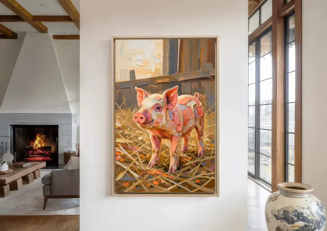 Farmhouse Paintings Piglet in Golden Straw canvas wall art in a living room with a fireplace