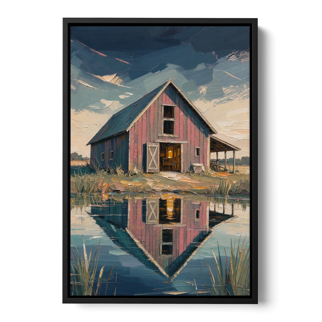 Farmhouse Red Barn Reflected in the Farm Pond - Black Framed Canvas Wall Art - Front