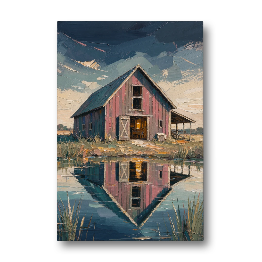 Farmhouse Red Barn Reflected in the Farm Pond - Canvas Wall Art - Front
