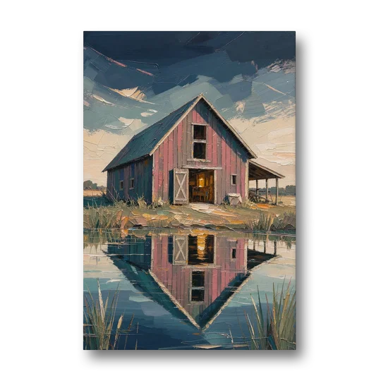 Farmhouse Red Barn Reflected in the Farm Pond - Canvas Wall Art - Front