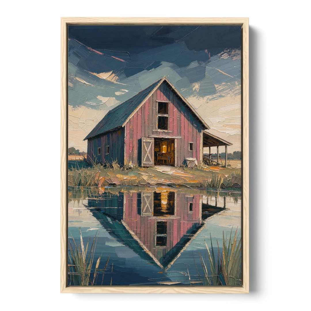 Farmhouse Red Barn Reflected in the Farm Pond - Oak Framed Canvas Wall Art - Front