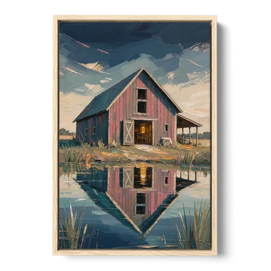 Farmhouse Red Barn Reflected in the Farm Pond - Oak Framed Canvas Wall Art - Front