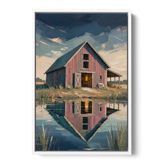 Farmhouse Red Barn Reflected in the Farm Pond - White Framed Canvas Wall Art - Front