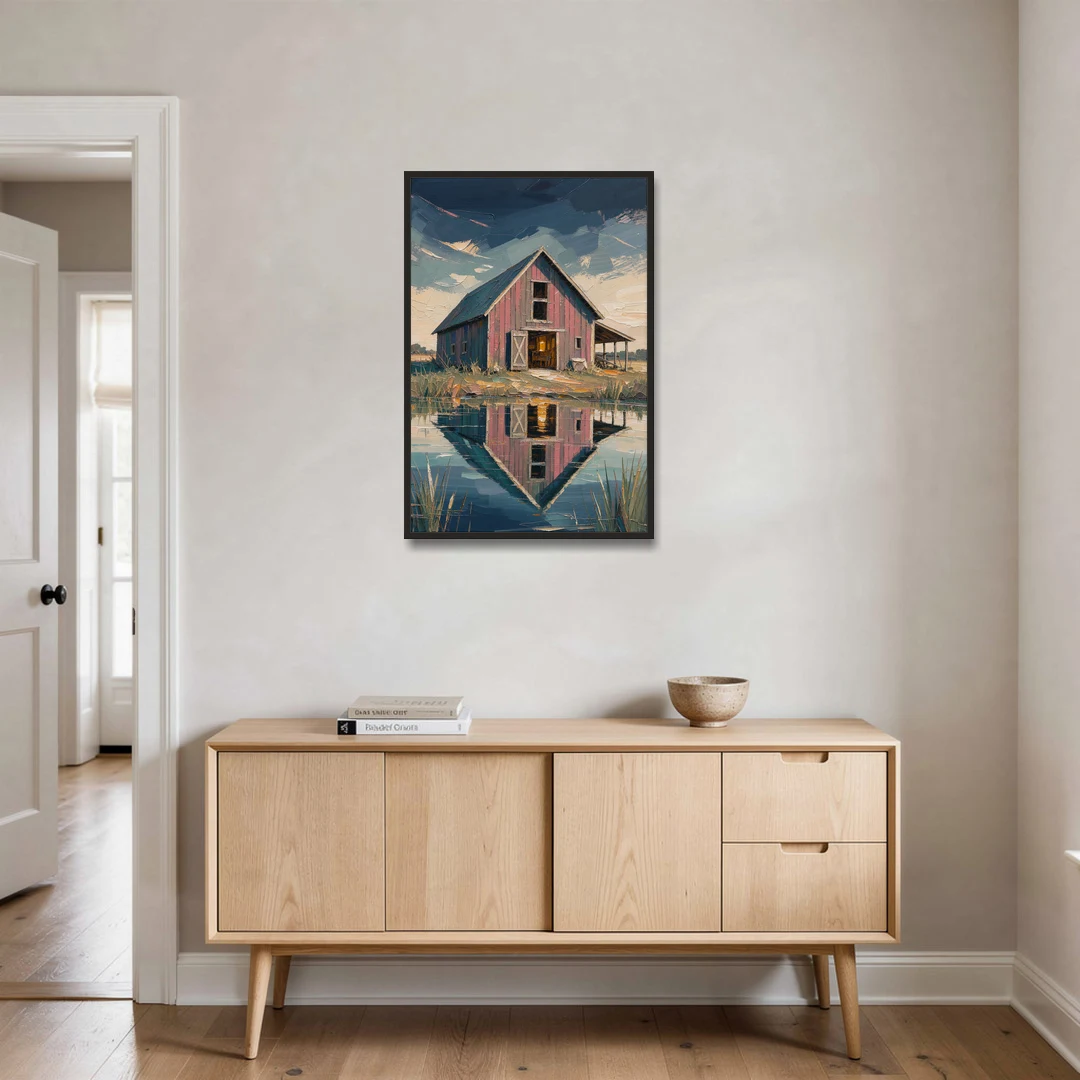Farmhouse Red Barn Reflected in the Farm Pond - Black Framed Canvas Wall Art - Coffee Table - 24x36